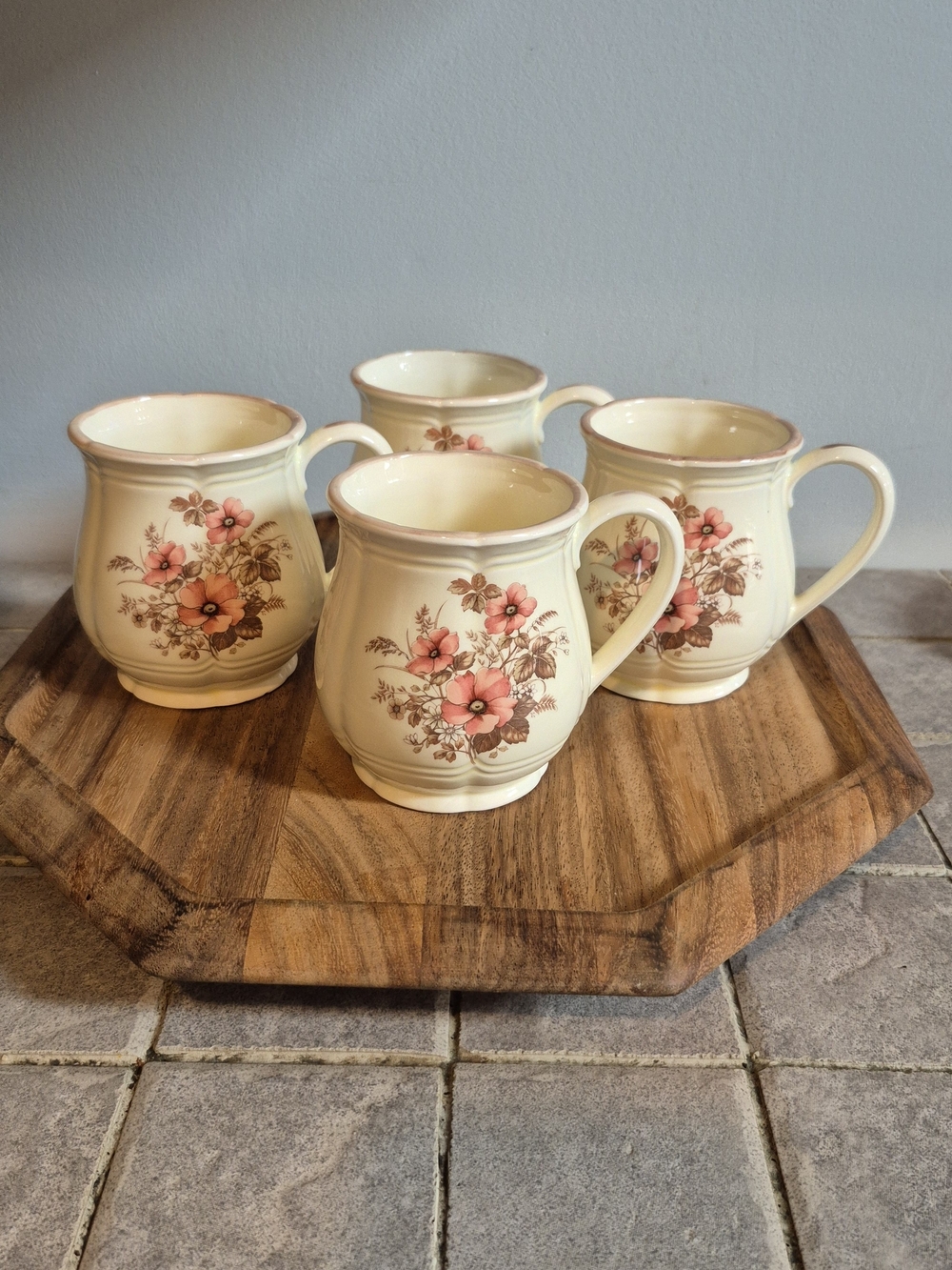 Vintage 1970s Japanese Stoneware Floral Mugs Set of 4 Boho